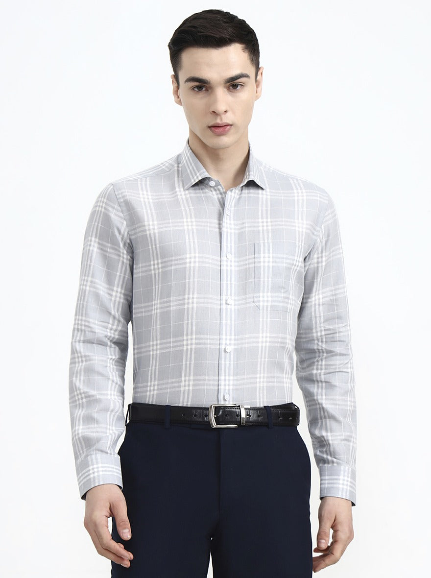 Grey & White Checked Slim Fit Formal Shirt | JadeBlue