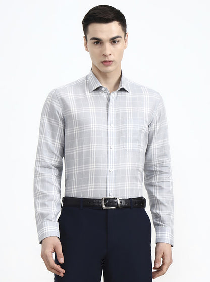 Grey & White Checked Slim Fit Formal Shirt | JadeBlue