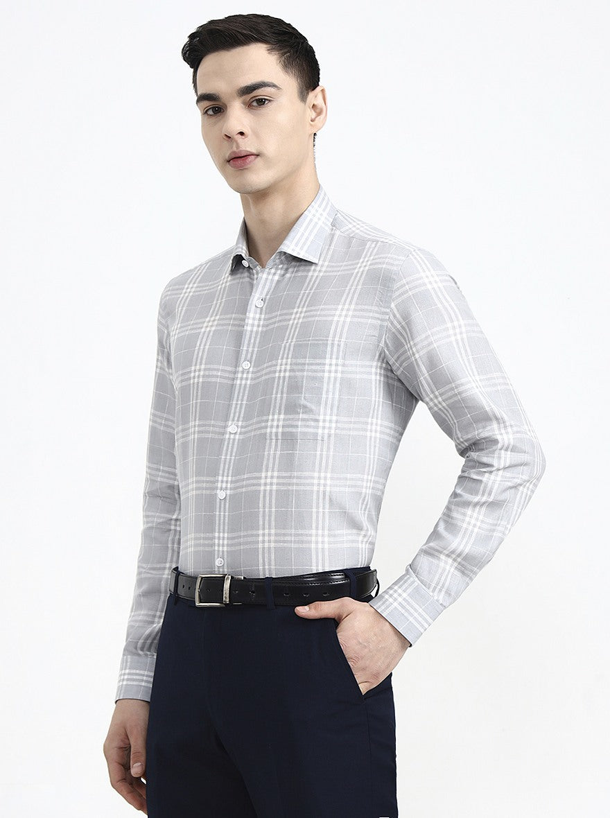 Grey & White Checked Slim Fit Formal Shirt | JadeBlue