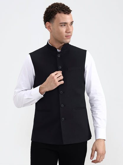 Black Solid Regular Fit Waistcoat  | Greenfibre