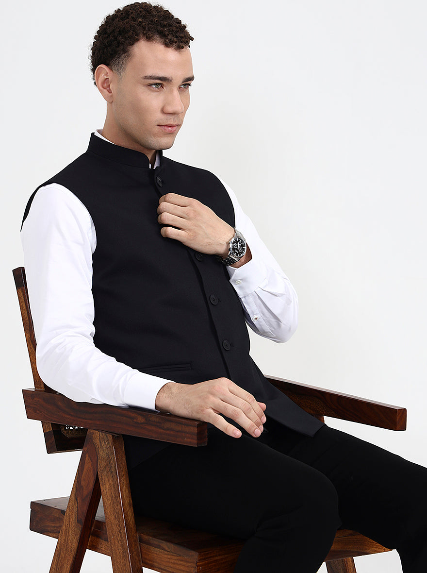 Black Solid Regular Fit Waistcoat  | Greenfibre
