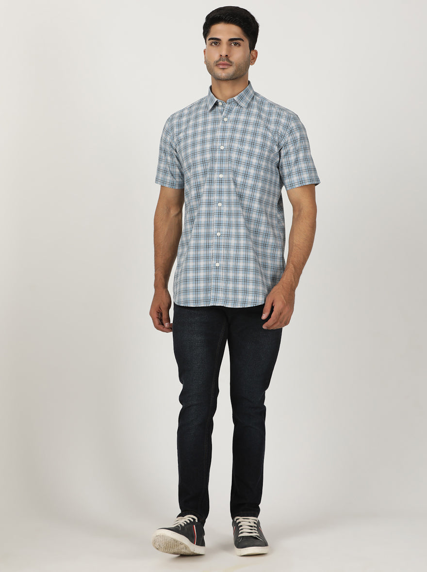Light Blue Checked Smart Fit Semi Casual Shirt | Greenfibre