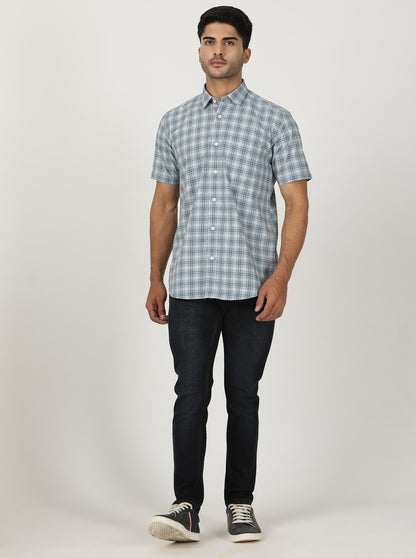 Light Blue Checked Smart Fit Semi Casual Shirt | Greenfibre
