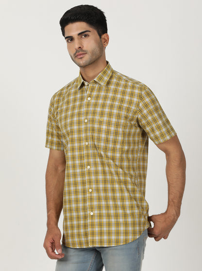 Yellow Checked Smart Fit Semi Casual Shirt | Greenfibre