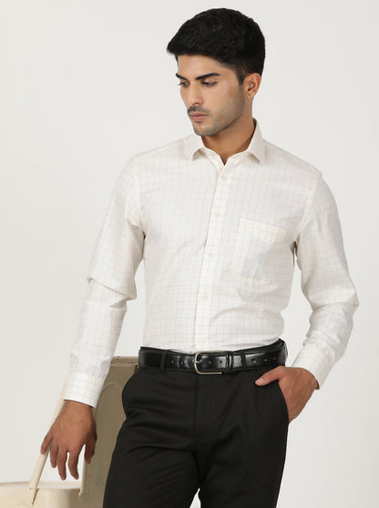Cream Checked Slim Fit Formal Shirt | Greenfibre