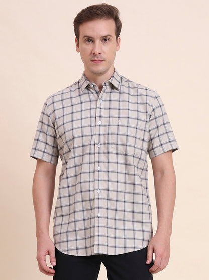 Dark Beige Checked Tailored Fit Semi Casual Shirt | JadeBlue