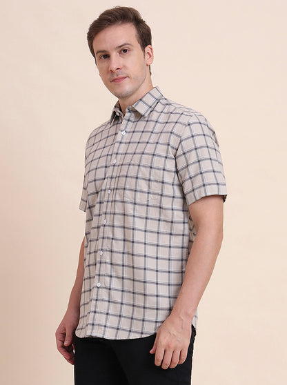 Dark Beige Checked Tailored Fit Semi Casual Shirt | JadeBlue