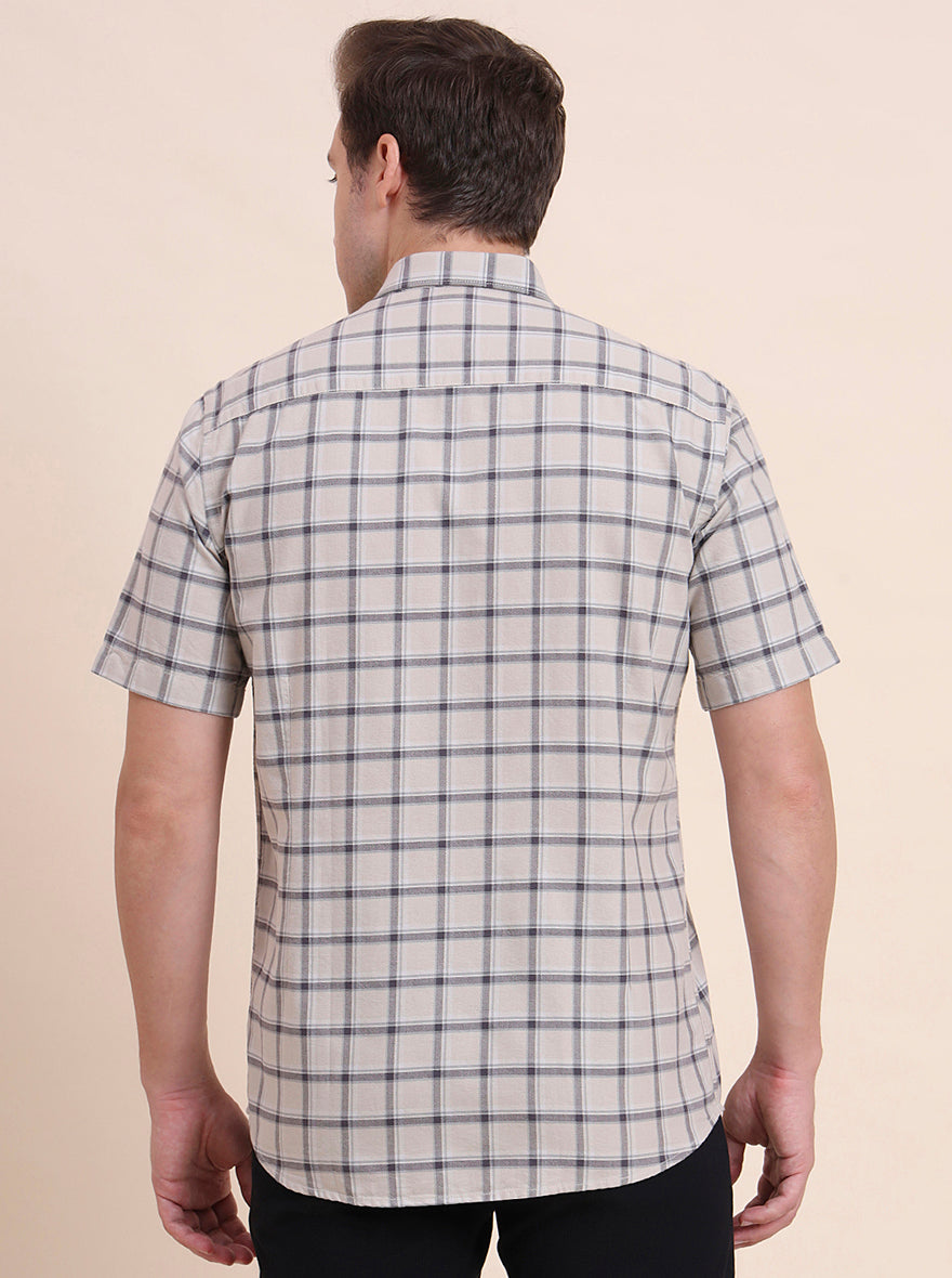 Dark Beige Checked Tailored Fit Semi Casual Shirt | JadeBlue