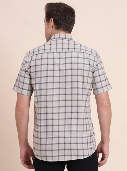 Dark Beige Checked Tailored Fit Semi Casual Shirt | JadeBlue