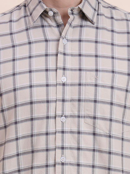 Dark Beige Checked Tailored Fit Semi Casual Shirt | JadeBlue