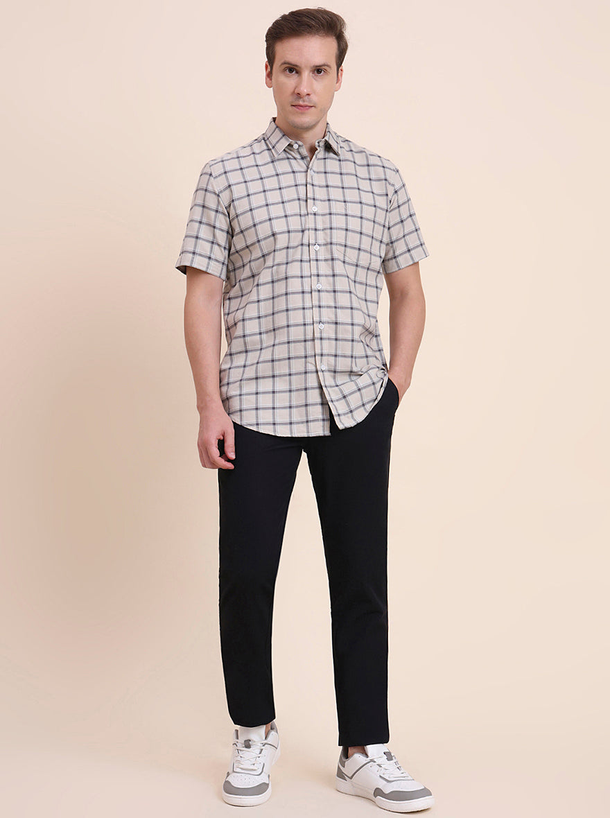 Dark Beige Checked Tailored Fit Semi Casual Shirt | JadeBlue