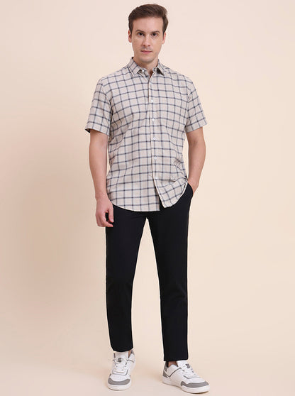 Dark Beige Checked Tailored Fit Semi Casual Shirt | JadeBlue