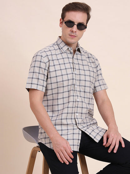 Dark Beige Checked Tailored Fit Semi Casual Shirt | JadeBlue
