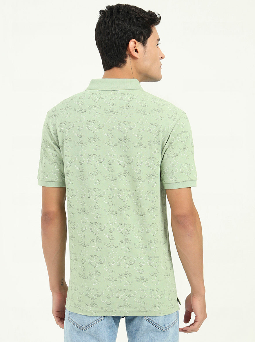 Light Green Printed Slim Fit Polo T-Shirt | Greenfibre