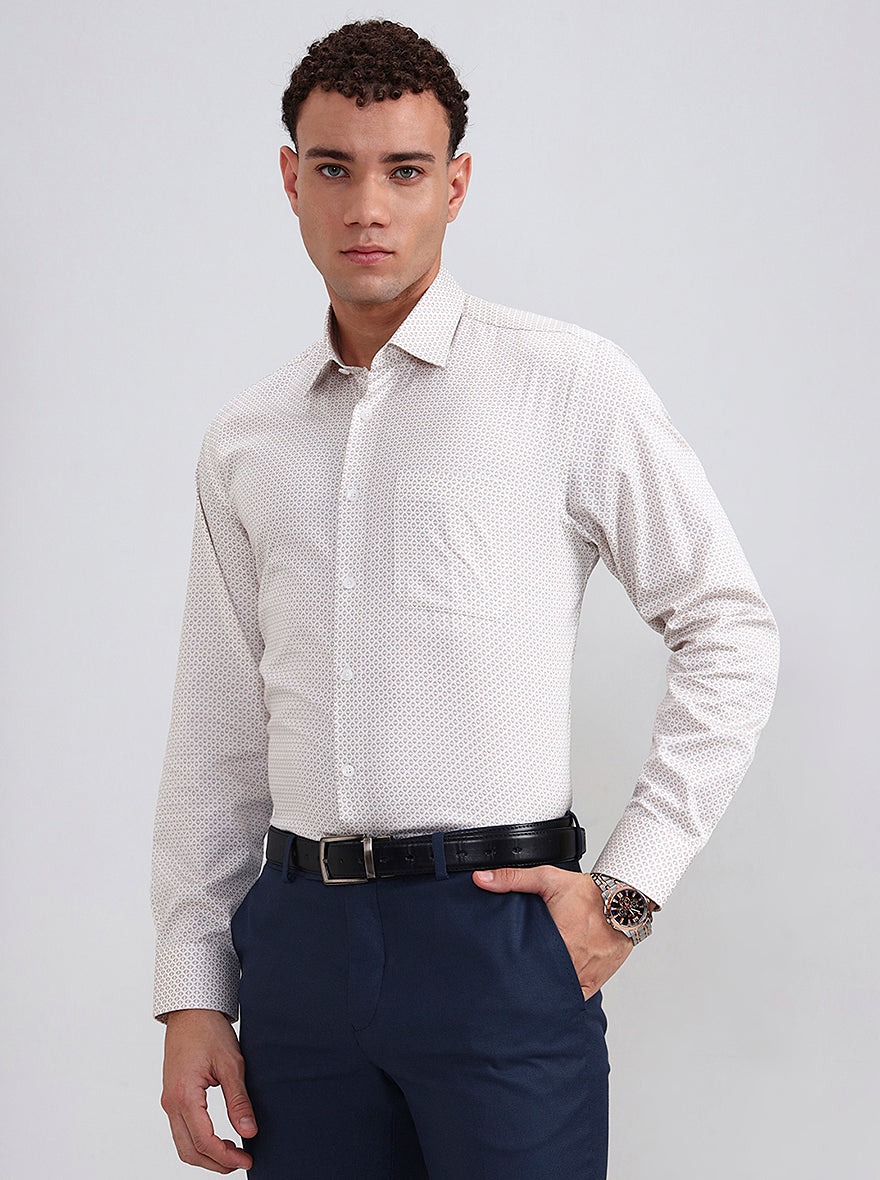 Cream Printed Regular Fit Formal Shirt | JadeBlue
