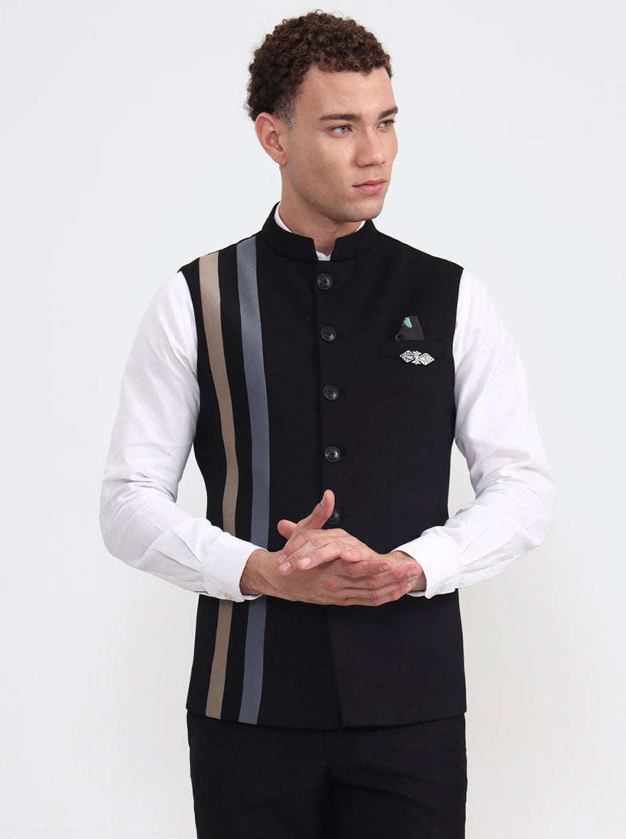 Black Striped Regular Fit Waistcoat  | Wyre