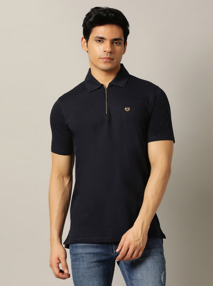 Navy Blue Solid Slim Fit Polo T-Shirt | JadeBlue