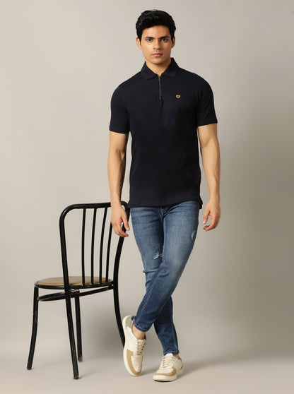 Navy Blue Solid Slim Fit Polo T-Shirt | JadeBlue
