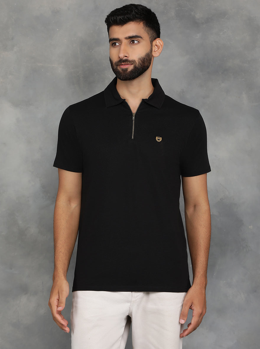 Black Solid Regular Fit Polo T-Shirt | JadeBlue