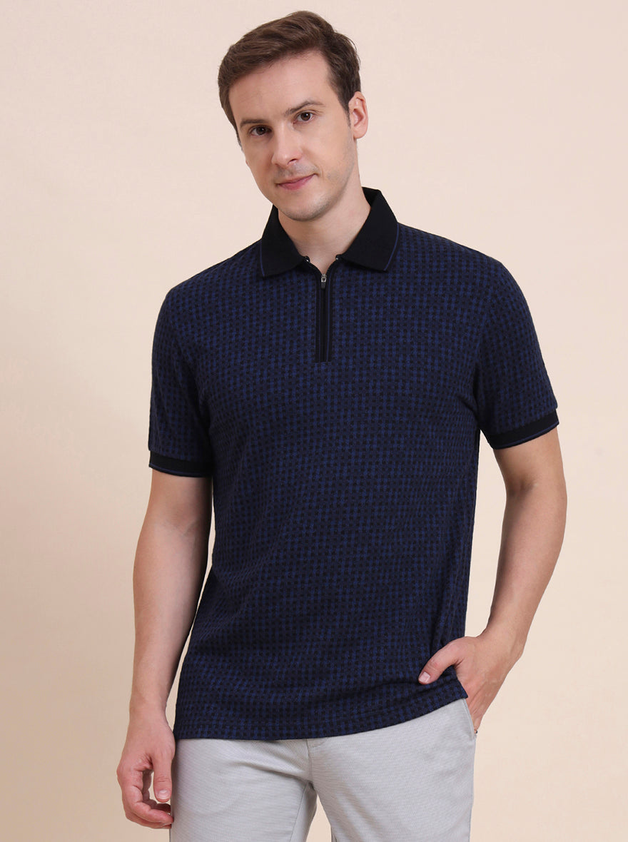 Blue & Black Checked Slim Fit Polo T-Shirt | JadeBlue