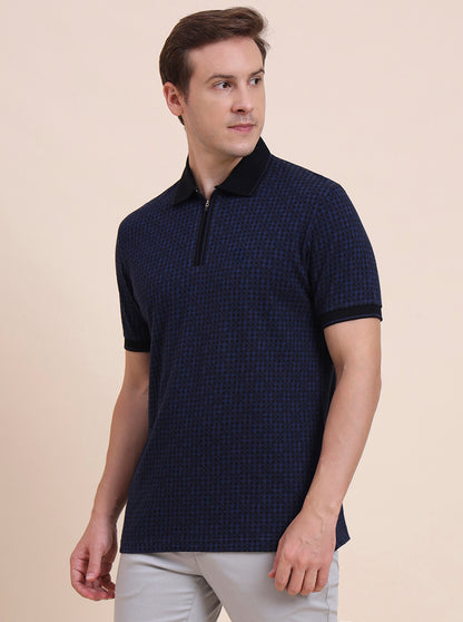 Blue & Black Checked Slim Fit Polo T-Shirt | JadeBlue