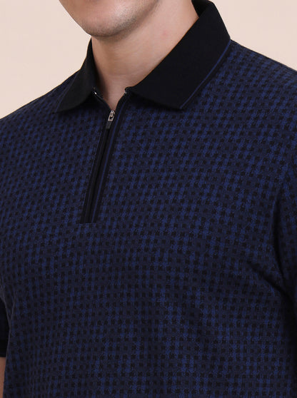 Blue & Black Checked Slim Fit Polo T-Shirt | JadeBlue