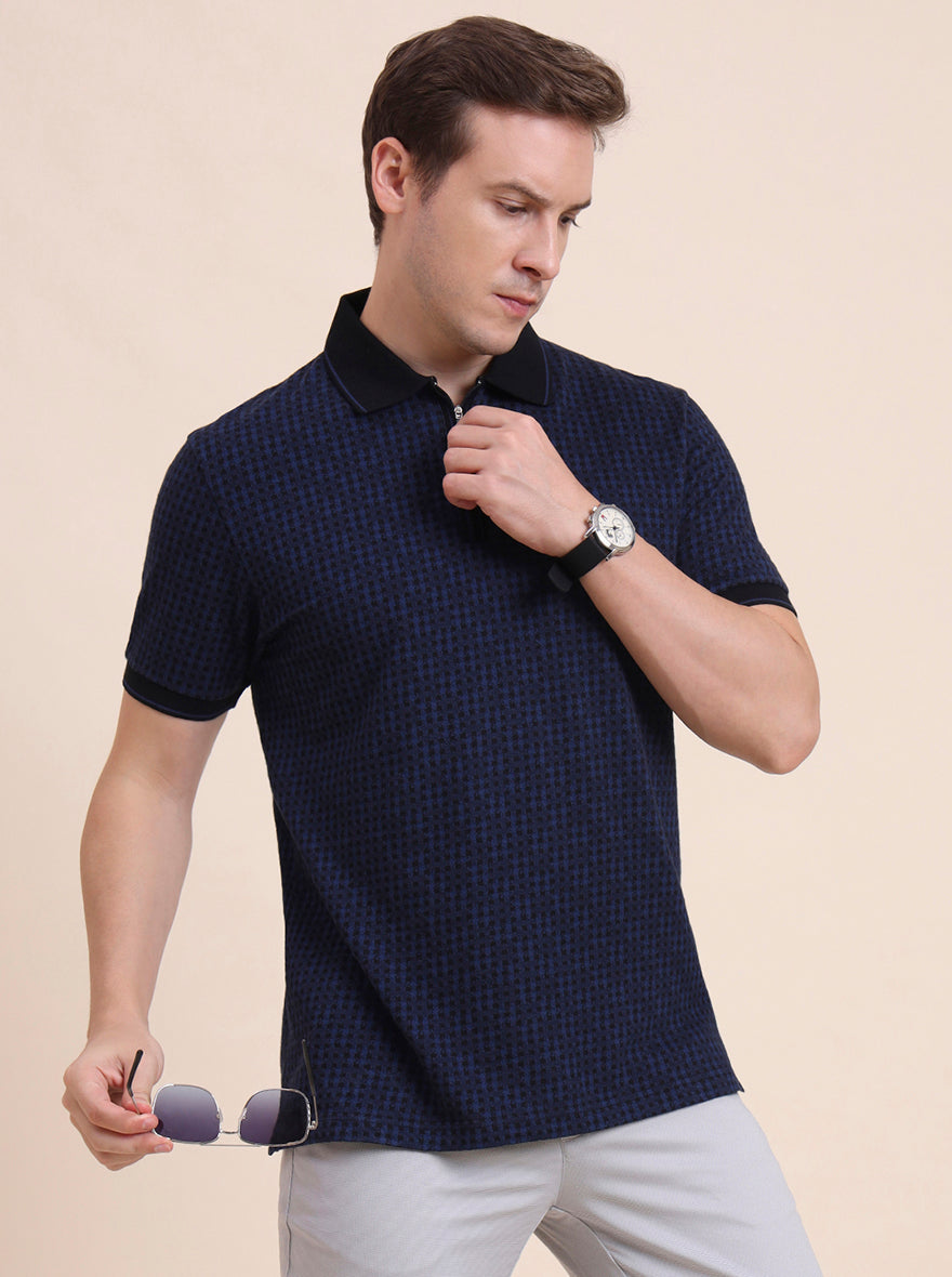 Blue & Black Checked Slim Fit Polo T-Shirt | JadeBlue
