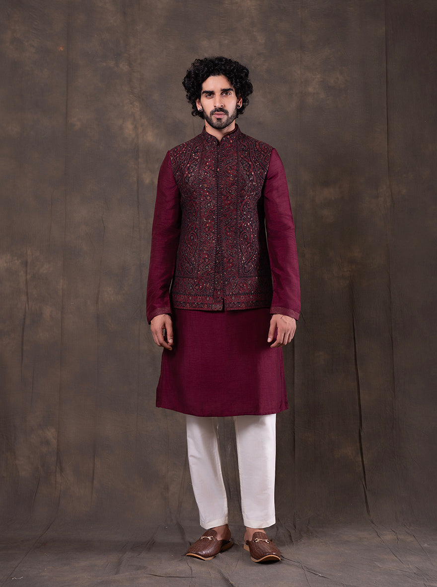 Black & Maroon Self Design  Bandhgala Jacket | TULA