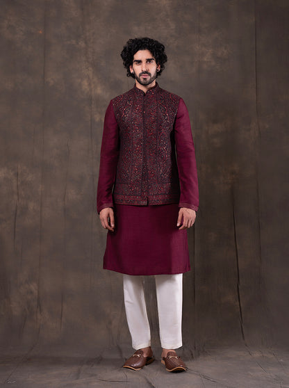 Black & Maroon Self Design  Bandhgala Jacket | TULA