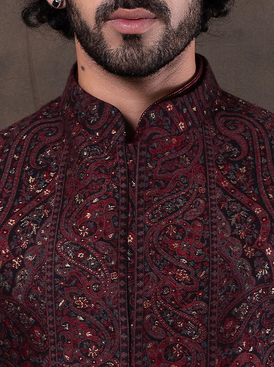 Black & Maroon Self Design  Bandhgala Jacket | TULA