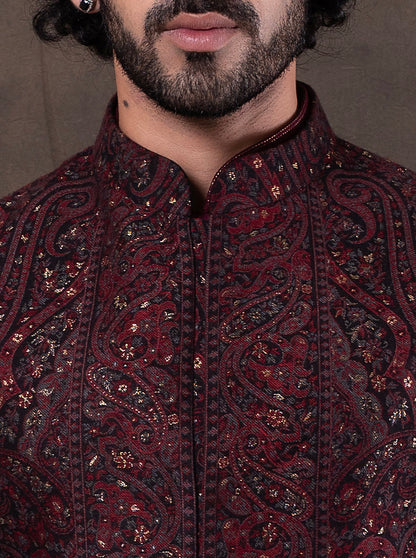 Black & Maroon Self Design  Bandhgala Jacket | TULA