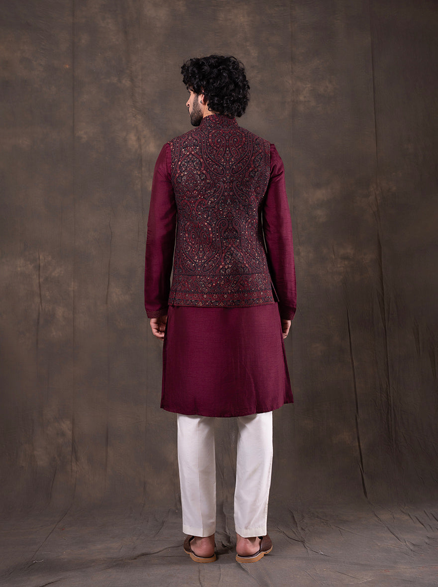 Black & Maroon Self Design  Bandhgala Jacket | TULA