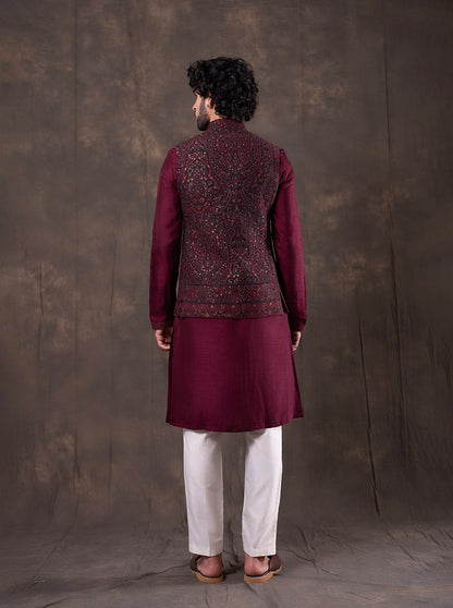 Black & Maroon Self Design  Bandhgala Jacket | TULA