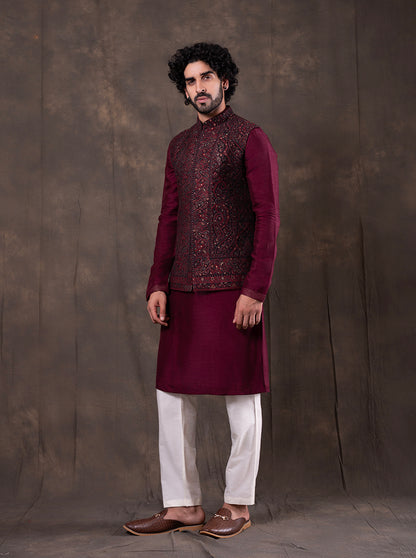 Black & Maroon Self Design  Bandhgala Jacket | TULA