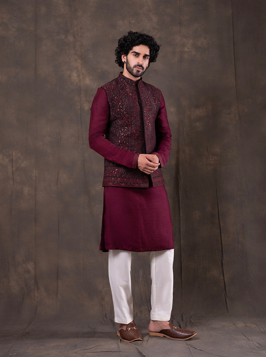 Black & Maroon Self Design  Bandhgala Jacket | TULA