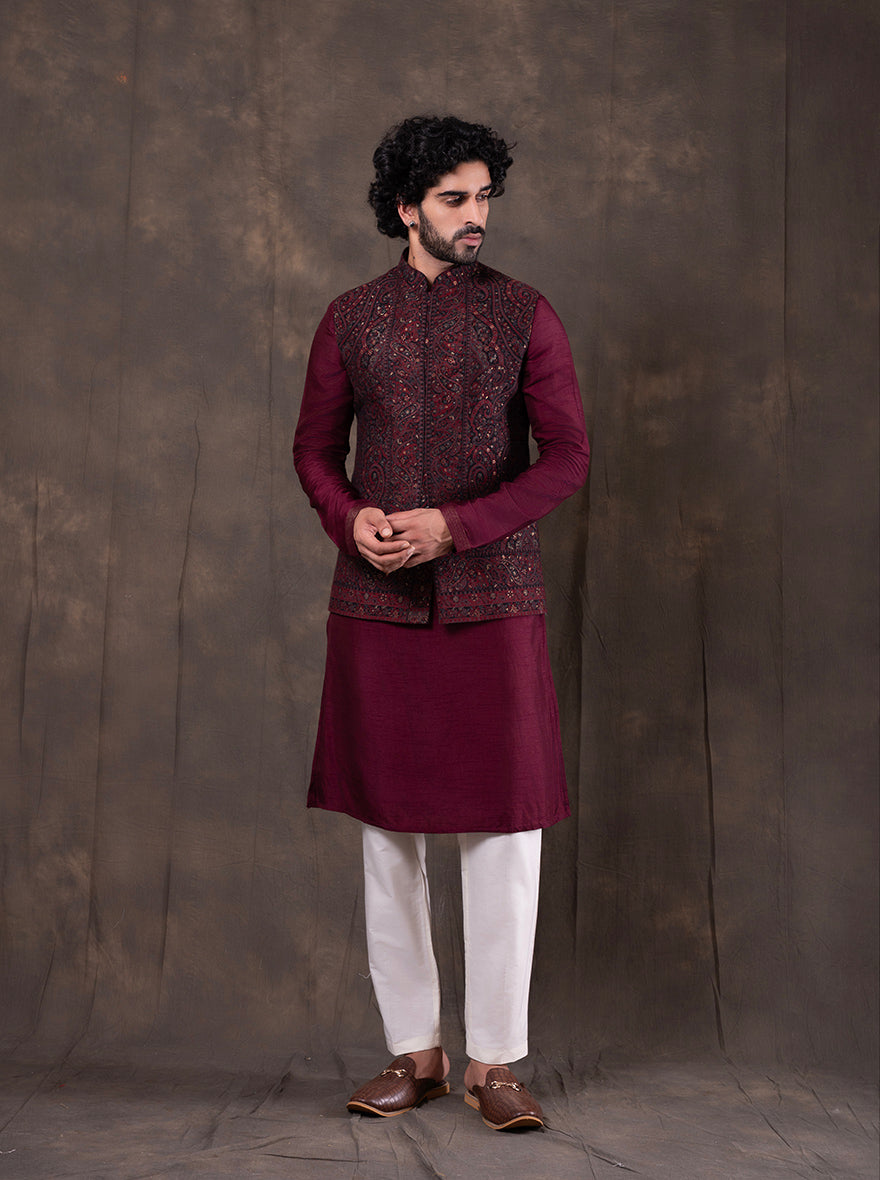 Black & Maroon Self Design  Bandhgala Jacket | TULA
