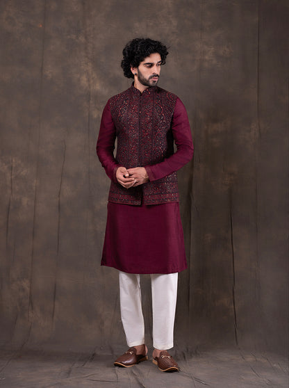 Black & Maroon Self Design  Bandhgala Jacket | TULA