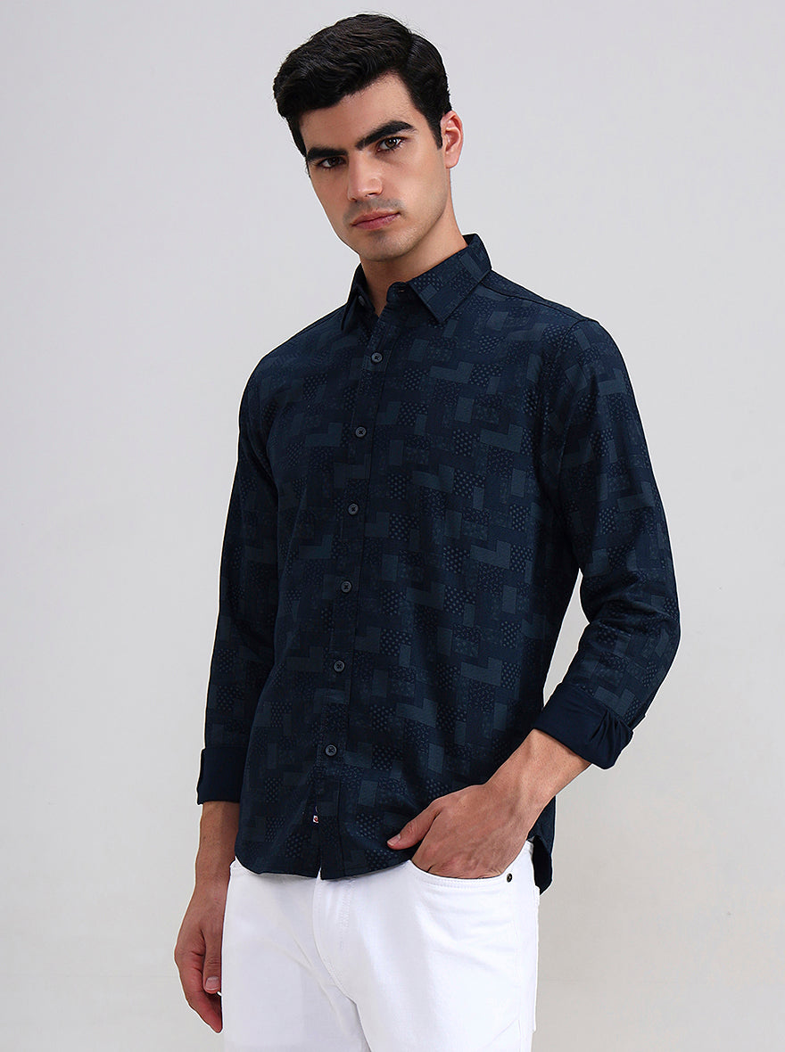Navy Blue Printed Slim Fit Casual Shirt | Greenfibre