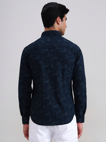 Navy Blue Printed Slim Fit Casual Shirt | Greenfibre