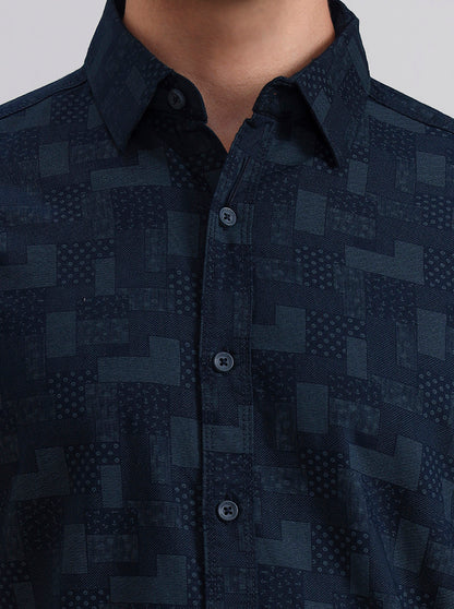 Navy Blue Printed Slim Fit Casual Shirt | Greenfibre