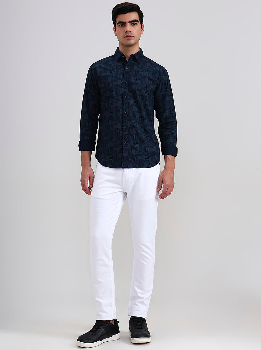 Navy Blue Printed Slim Fit Casual Shirt | Greenfibre