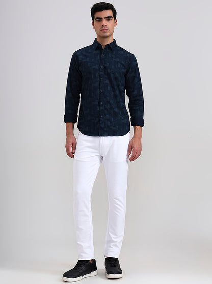 Navy Blue Printed Slim Fit Casual Shirt | Greenfibre