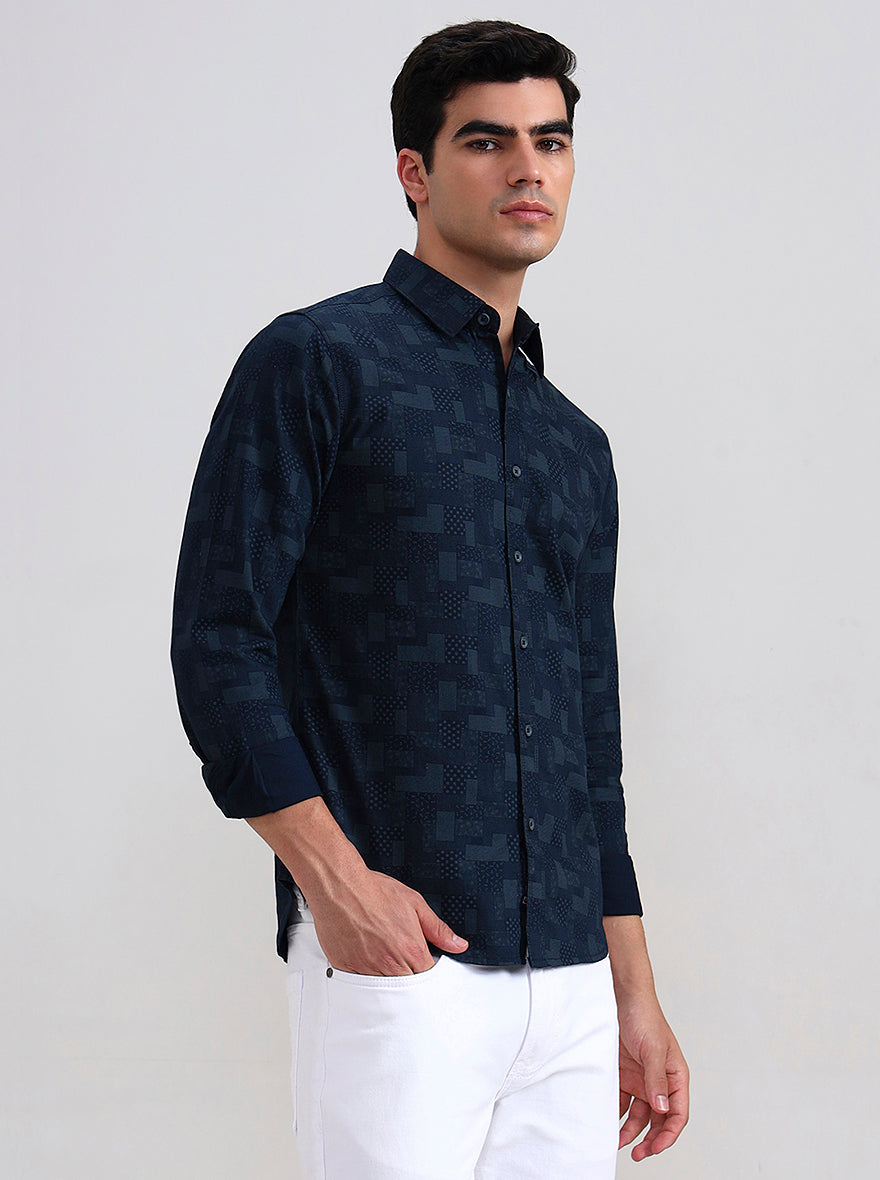 Navy Blue Printed Slim Fit Casual Shirt | Greenfibre