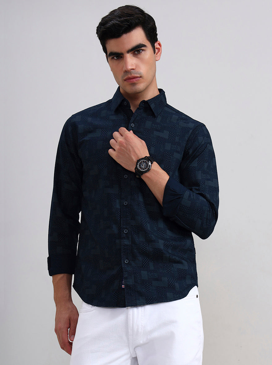 Navy Blue Printed Slim Fit Casual Shirt | Greenfibre