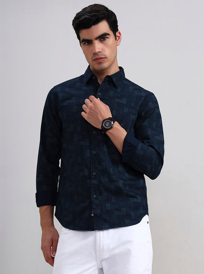 Navy Blue Printed Slim Fit Casual Shirt | Greenfibre