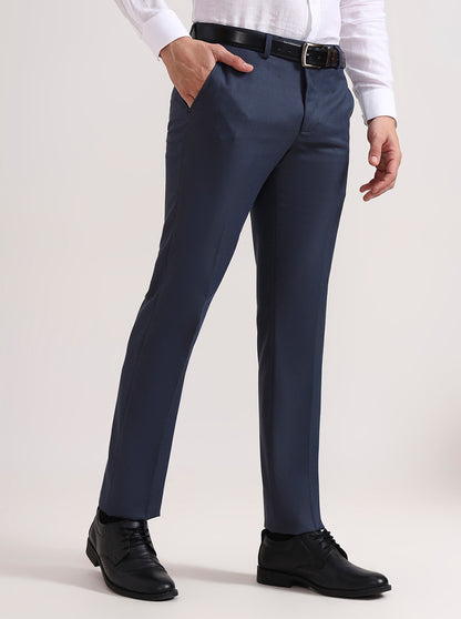 Blue Solid Slim Fit Formal Trouser | Greenfibre