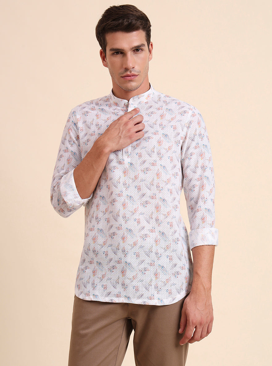 White & Beige Printed Slim Fit Party Wear Kurta | Wyre