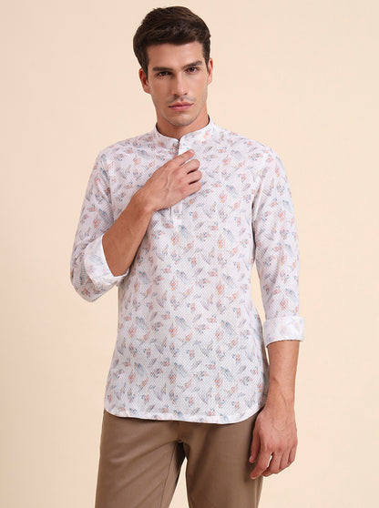 White & Beige Printed Slim Fit Party Wear Kurta | Wyre