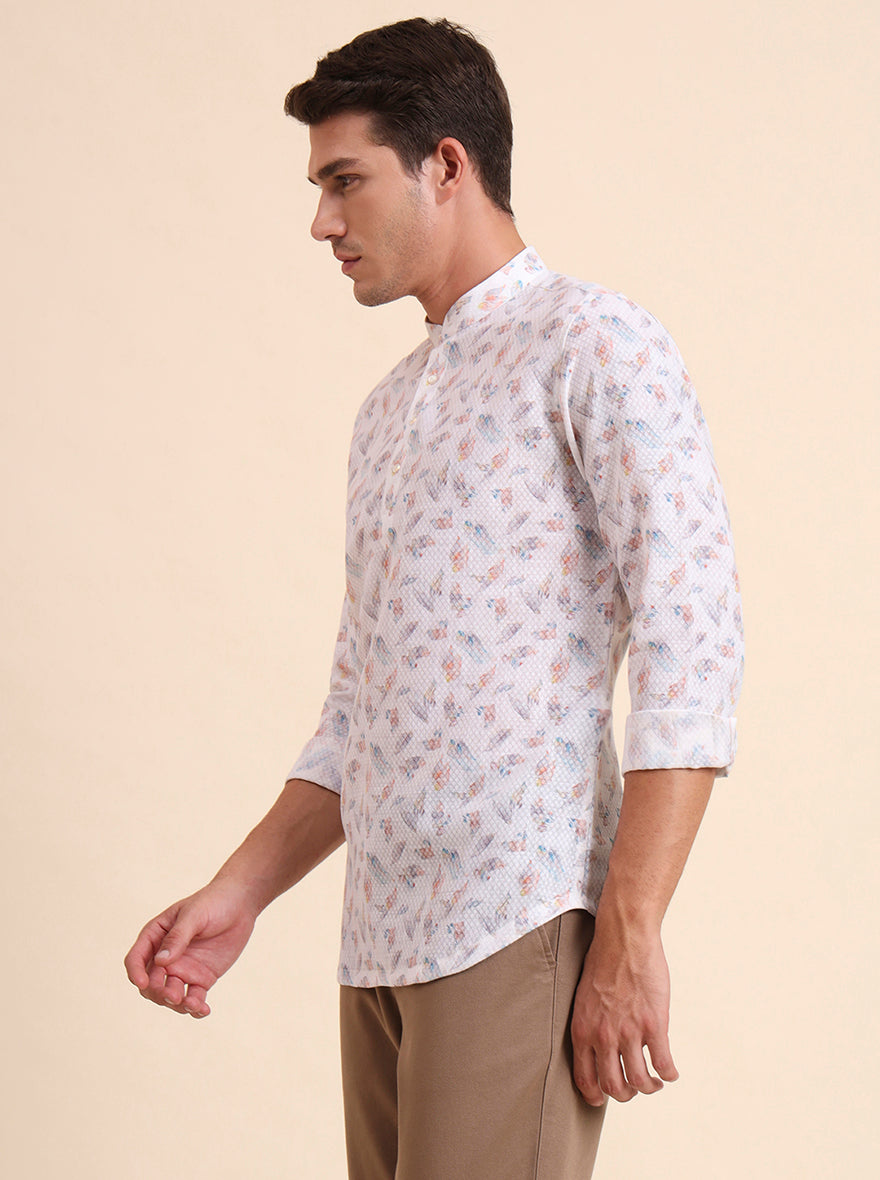 White & Beige Printed Slim Fit Party Wear Kurta | Wyre