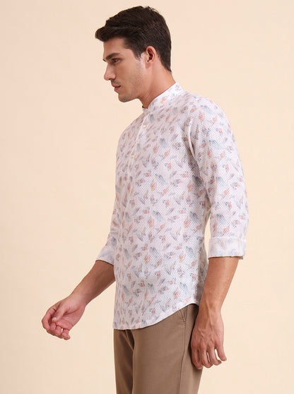 White & Beige Printed Slim Fit Party Wear Kurta | Wyre